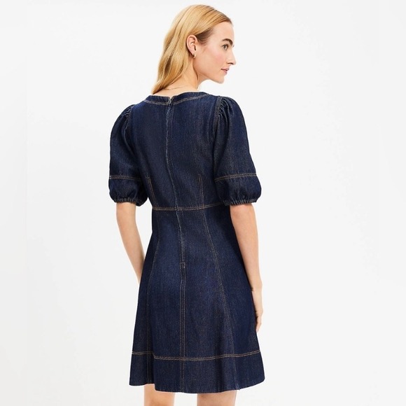 LOFT Denim Swing Dress Puff Sleeve Square Neck Dark Wash Size 10 - Picture 3 of 12